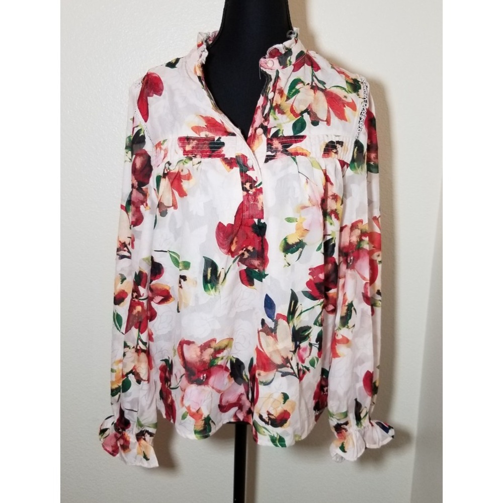Badgley Mischka Floral Burnout Blouse Red White Ruffle Neck Lace Trim Small NEW